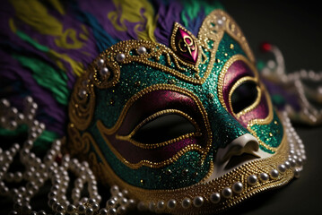 mardi gras ornate mask, purple and teal