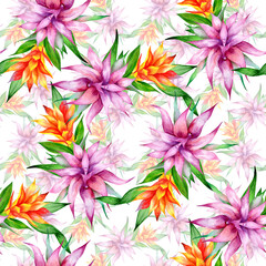 Fototapeta na wymiar Watercolor wreaths of flowers and leaves in a seamless pattern. Can be used as fabric, wallpaper, wrap. 