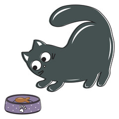 Cute cat with a bowl of food, color vector illustration in doodle style