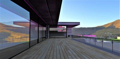 Shady wooden terrace of the private touristic estate constructed in the mountains. 3d rendering.
