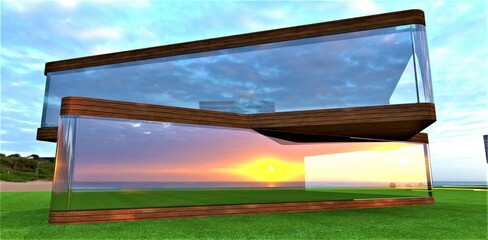Smart house made of glass and wood on a green meadow. Reflection of the sun in heat-saving windows. A good banner for a magazine about advanced real estate. 3d rendering.