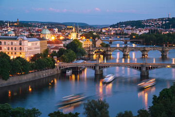 Fototapeta na wymiar Aerial view of bridges in Prague during sunset, Czech Republic
