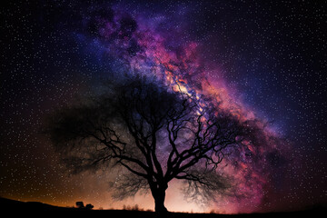 Photograph of the gorgeous Milky Way and a tree silhouette taken at night. Generative AI