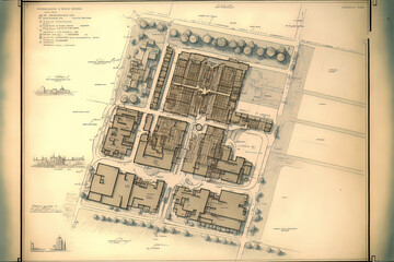 Engineer's sketch of a hypothetical General Urban Plan area with buildings, roads, and land parcels; take note that the map is entirely fictitious and does not depict any actual location. Generative