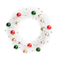 Baubles and Christmas wreath round frame, holidays card, 3d render.