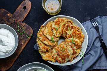 Potato pancakes in a bowl. Draniki.