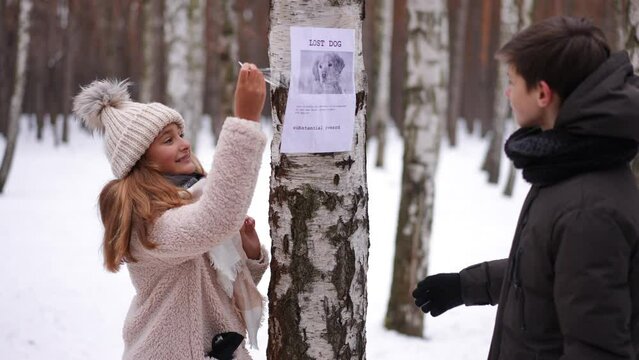 Happy teen girl and boy found lost pet taking off missing dog announcement from tree trunk hugging. Positive smiling Caucasian teenage friends rejoicing outdoors in winter park
