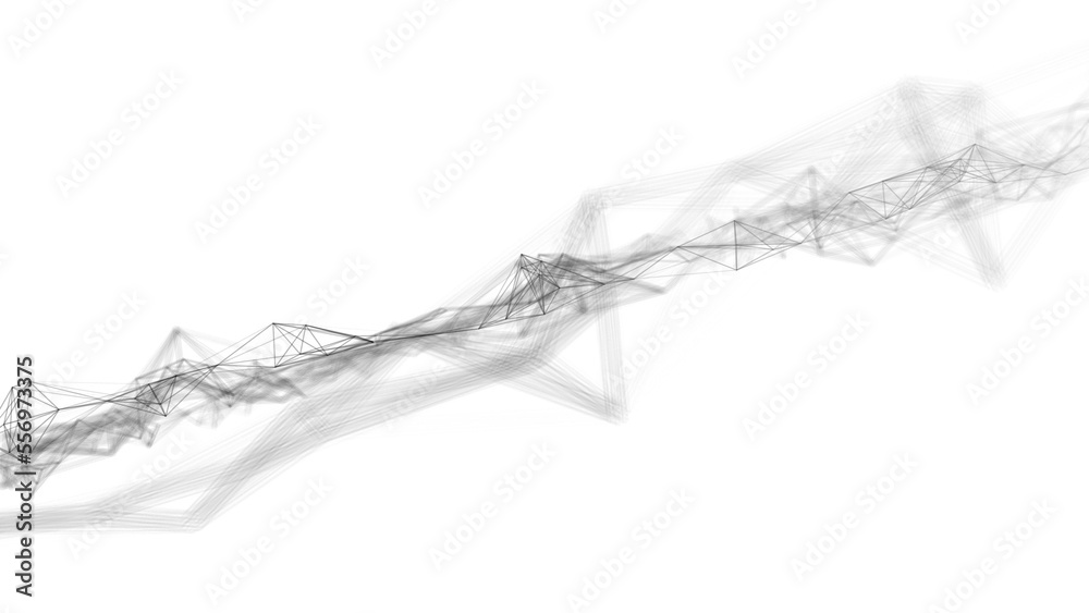 Poster Wave of particles on a white background. Abstract interlaced lines and dots. Digital connection of elements. Imitation of waves. 3d rendering.
