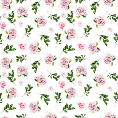 Watercolor seamless pattern with pink rose flowers and greenery