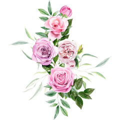 Hand draw watercolor arrangement with pink roses and eucalyptus