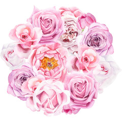 Hand draw watercolor illustration with pink rose bouquet