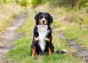 bernese mountain dog sitting in the grass - 556973788