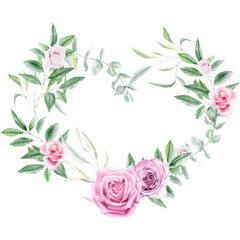 Watercolor heart frame with pink roses and green leaves