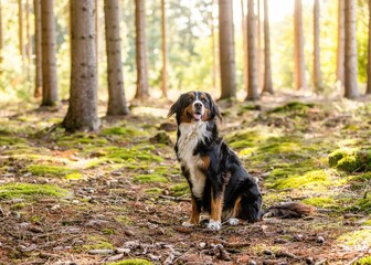 bernese moutain dog in a forest