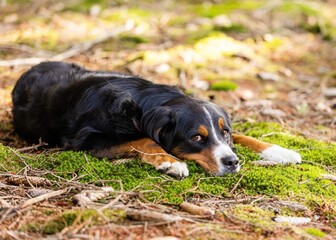 bernese moutain dog lying in a forest