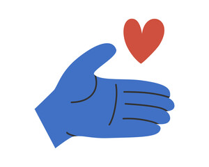 Hand drawn cute illustration of hand with heart. Flat vector giving love and help to charity in simple colored doodle style. Philanthropy, volunteer, Valentine's Day sticker, icon or print. Isolated.
