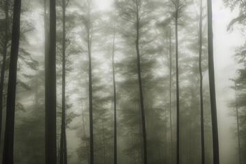 Generative AI forest with large trees, fog in the background, autumn scene.