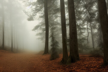 Obraz premium Generative AI forest with large trees, fog in the background, autumn scene.