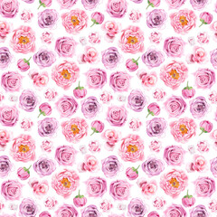 Watercolor seamless pattern with pink rose and peony flowers