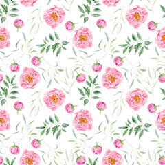 Watercolor seamless pattern with pink peonies and green leaves