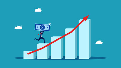 Grow money. Businessman holding banknotes on growth chart graph vector