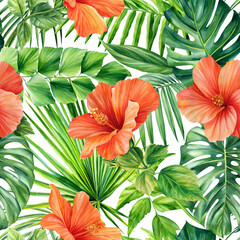 Tropical leaves, monstera, hibiscus flowers. Floral background. Watercolor botanical illustration, Seamless pattern