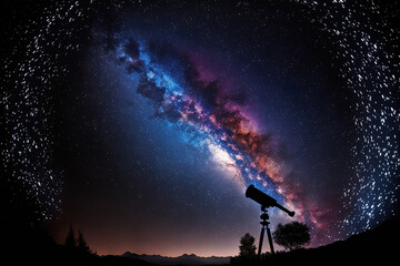 Fototapeta premium a shadow of a telescope in the night sky seeing the Milky Way galaxy. Generative AI