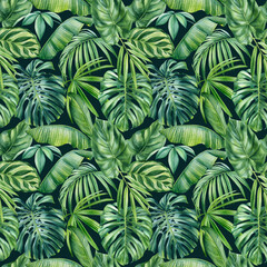 Naklejka na ściany i meble Palm leaves, tropical background, hand drawn watercolor botanical painting. Seamless pattern, jungle wallpaper