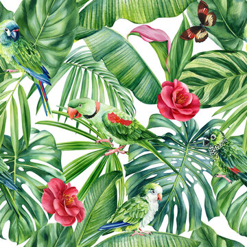 Tropical palm leaves, flowers and birds. Watercolor hand-painted. Floral Seamless pattern. Jungle design