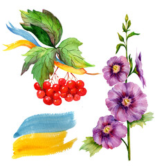 
Watercolor mallow, viburnum and Ukraine flag isolated on white background.