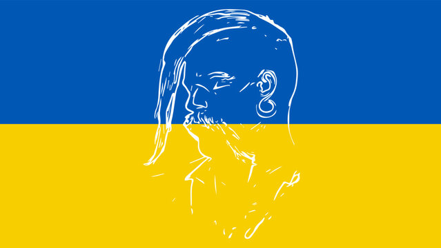On a yellow-blue background (against the background of the flag of independent Ukraine), an abstract image of a Ukrainian Cossack (Ukrainian warrior), in vector.