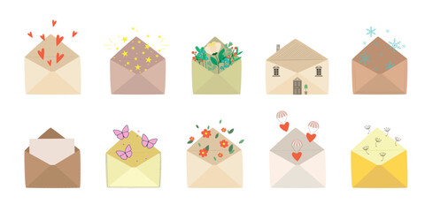 Collection of various mail envelopes with a hearts, stars, flowers and other decor. Vector illustration isolated on a white background