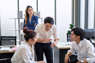 Fototapeta na wymiar Employees gossiping about female boss business man and woman whispering gossip office rumors