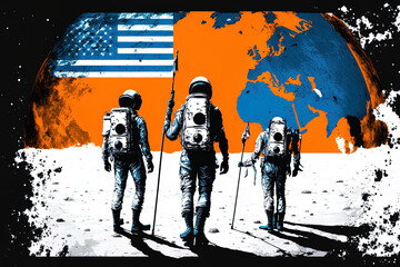 astronauts with a planet colonization flag and tools. Generative AI