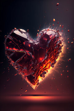 Red crystal heart exploding with love. Generative AI, this image is not based on any original image, character or person.