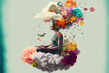 Woman meditating with colourful nature energy appearing in her mind. Generative AI, this image is not based on any original image, character or person. - obrazy, fototapety, plakaty