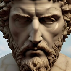AI image featuring a chiseled white marble statue bust of Greek god Zeus also known as the Roman god Jupiter, god of thunder and the king of gods on Mount Olympus in ancient Greek Mythology
