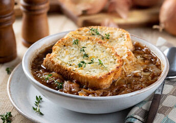 French onion soup with toasted cheese baguette garnished with thyme