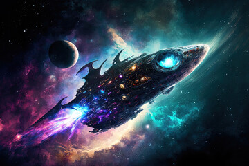 Fototapeta premium spaceship Digital artwork of an alien spaceship soaring through the universe with planets and stars while journeying across deep space. Generative AI