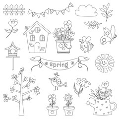 Collection of outline of spring elements. Flowers, bee, butterfly, bird