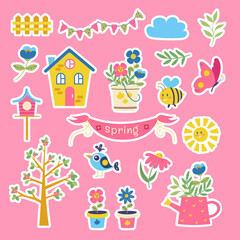 Collection of stickers of spring elements. Flowers, bee, butterfly, bird