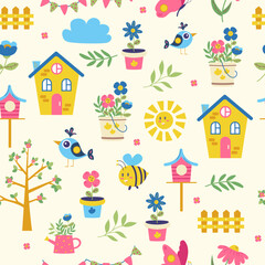 Fototapeta premium Seamless pattern of spring. Flowers, bee, butterfly, bird