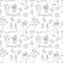 Seamless pattern outline of spring, flowers. Vector