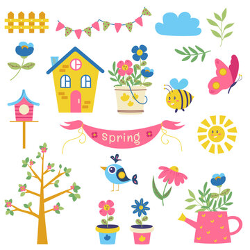 Collection of spring elements. Flowers, bee, butterfly, bird