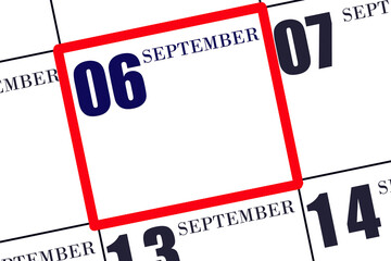 Daily calendar for 6 September. Autumn month, day of the year concept.