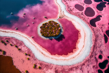 aerial picture of Senegal's Lac Rose or Pink Lake Retba Drone taken aerial photo. African Natural Scenery. Generative AI - obrazy, fototapety, plakaty