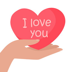 Hand holding comic heart with confession vector illustration. Cartoon drawing of heart with I love you text isolated on white background. Love, romance, relationship, Valentines day concept