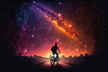 Male biker riding bicycle while admiring the stars in the night sky. Generative AI