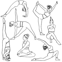Vector set of woman practicing yoga. Self care training, balance, meditation. Hand drawn doodle of pilates postures.