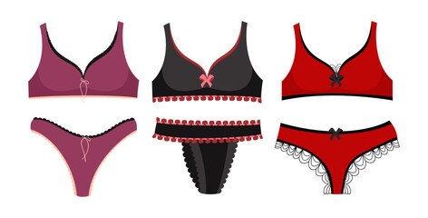 Female bras with panties vector illustrations set. Cartoon drawings of purple, black and red lingerie with bows for women isolated on white background. Underwear, fashion concept - obrazy, fototapety, plakaty